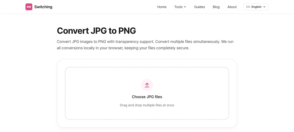 The Switching JPG to PNG screen, showing the file picker immediately with no sign-in.
